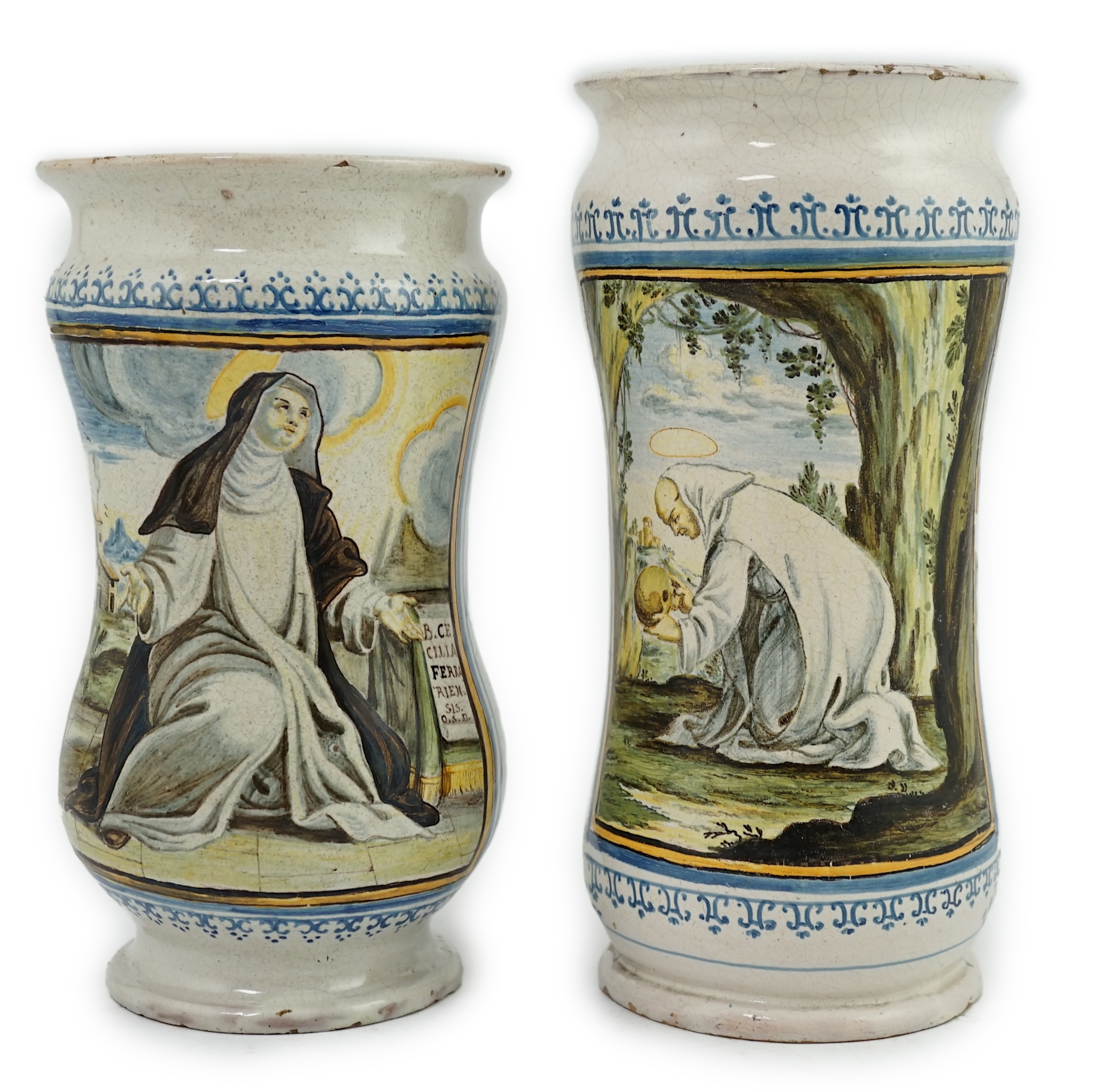 Two Italian maiolica albarello, c.1730, by Francesco Antonio Saverio Grue, Castelli (1686-1747)